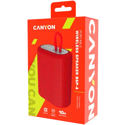 CANYON BSP-4, difuzor Bluetooth, BT V5.0, BLUETRUM AB5365A, suport card TF, port USB tip C, baterie polimer de 1200 mAh, roșu, lungime cablu 0,42 m, 114*93*51 mm, 0,29 kg