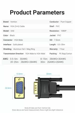 Vention Cable VGA HD15 M / M 1.0m Gold Plated, 2 Ferrites - DAEBF