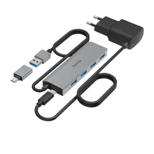 Hub HAMA cu 4 porturi, USB 3.2 Gen 1, 5 Gbit/s, incl. Adaptor USB-C, automat. alimentare electrică