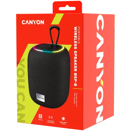 CANYON BSP-8, Bluetooth Speaker, BT V5.2, BLUETRUM AB5362B, TF card support, Type-C USB port, 1800mAh polymer battery, Max Power 10W, Black, cable length 0.50m, 110*110*135mm, 0.57kg