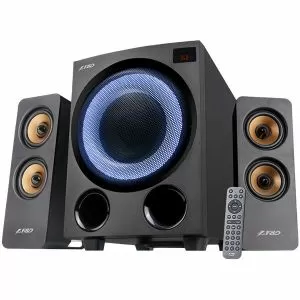 Boxe multimedia F&D F770X 2.1, 76W RMS, 4x2.5'' Sateliți + 5.25'' Subwoofer, BT 5.0/Optic/AUX/USB/FM/LED multicolor/Afișaj LED/Telecomanda/Lemn/Negru