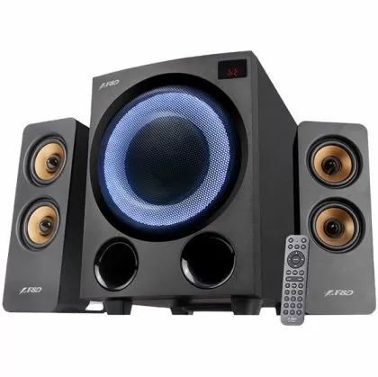 Boxe multimedia F&D F770X 2.1, 76W RMS, 4x2.5'' Sateliți + 5.25'' Subwoofer, BT 5.0/Optic/AUX/USB/FM/LED multicolor/Afișaj LED/Telecomanda/Lemn/Negru