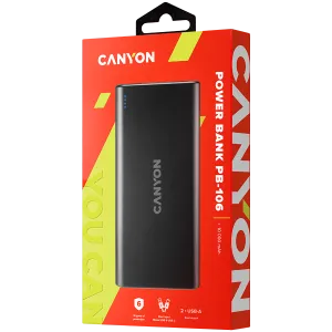 CANYON PB-106, Power bank 10000mAh Li-poli baterie, Intrare 5V/2A, Ieșire 5V/2.1A(Max), lungime cablu USB 0.3m, 140*68*16mm, 0.24Kg, Negru