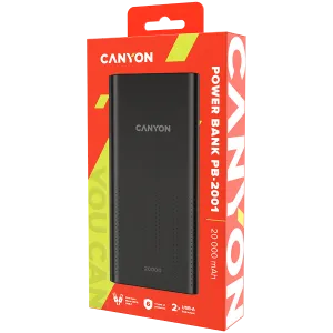 CANYON PB-2001, Power bank 20000mAh Li-poly battery, Input 5V/2A , Output 5V/2.1A(Max), 144*69*28.5mm, 0.440Kg, Black