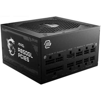 MSI MAG A850GL PCIE5, 600W, 80 Plus Gold, 120mm Ventilator cu rulment dinamic fluid, Protecții: OCP/OVP/OPP/OTP/SCP, Dimensiuni: 150mmx140mmx86mm, 5 ani garanție