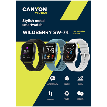 CANYON Wildberry SW-74, Smart watch, 1.3inches TFT full touch screen, Zinic+plastic body, IP67 waterproof, multi-sport mode, compatibility with iOS and android, black body with black silicon belt, Host: 43*37*9mm, Strap: 230x20mm, 45g