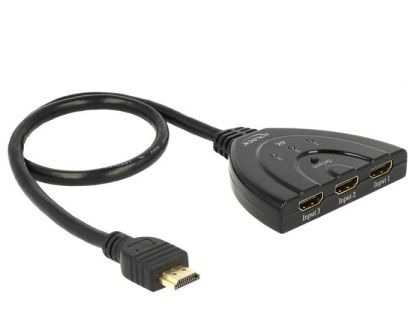 Comutator HDMI cu 3 porturi Delock 18600, 4K, cablu de 50 cm, Negru