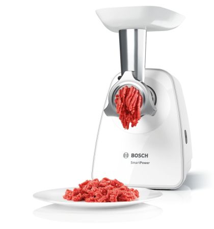 Месомелачка Bosch MFW2517W, Meat mincer, SmartPower Meat mincer from SmartPower range: 1500W, 1,7 kg/min, 2 sieves, 1 sausage horn, fruit press attachment, shredder with 3 barrels, no reverse, white