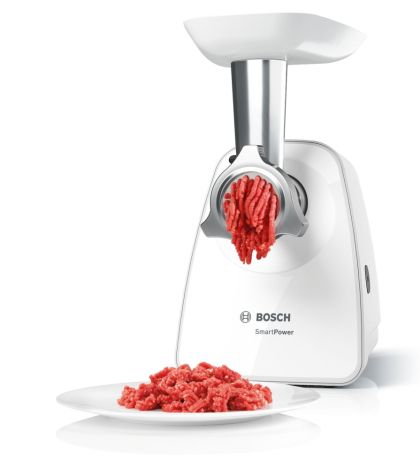 Месомелачка Bosch MFW2520W, Meat mincer SmartPower; 350W - 1500W; Discs: 3.8/ 8 mm; Sausage attachment; Attachment for kibbutz / meatballs; Out: 1.7kg/min; White