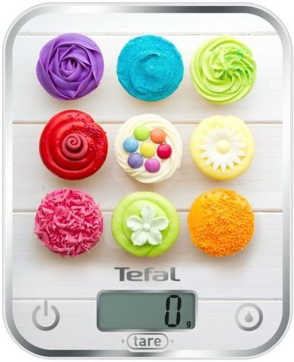 Scale Tefal BC5122V1 Optiss Delicious Cupcakes, ultra slim glass, 5 kg / 1g/ml graduation, tare, liquid function, 2 batteries LR03 AAA included, new markings on product