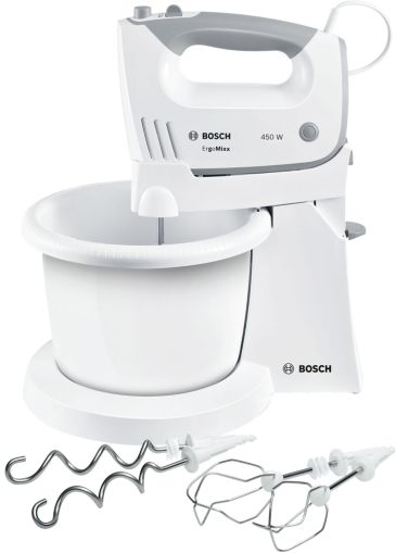 Миксер Bosch MFQ36460, Hand mixer, 450 W, White, includes bowl and stand