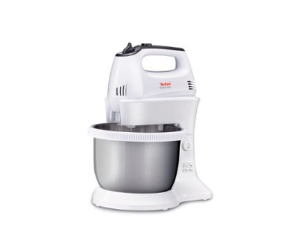 Mixer Tefal HT312138, Quick mix Hand Mixer with bowl, 300 W, 5 Speeds + turbo, 2 Beaters, 2 Dough hooks, automatic rotating bowl, white & inox standbowl