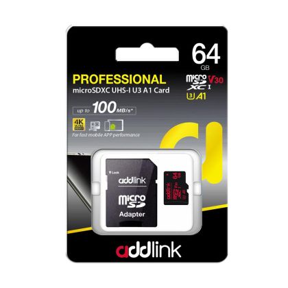 Card de memorie Addlink microSDXC 64GB Professional Class 10+ UHS-1 V30 U3 Adaptor - ad64GBMSXU3A