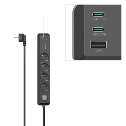 Priză Hama, 4 prize, USB-C/A 65 W, PD, întrerupător pornit/oprit, 1,4 m, negru/gri