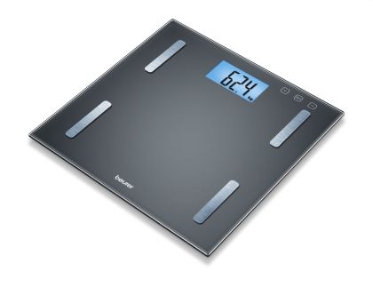 Везна Beurer BF 180 diagnostic bathroom scale; Blue illuminated LCD display; Digit size: 34 mm; Weight, body fat, body water, muscle percentage, bone mass and BMR calorie display, With BMI calculation; 180 kg