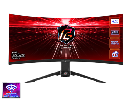 Геймърски Монитор ASRock PG34WQ15R2B, 34" UHD (3440 x 1440) VA 1500 Curved, 165Hz, 1ms, HDMI, DisplayPort AMD FreeSync WiFi