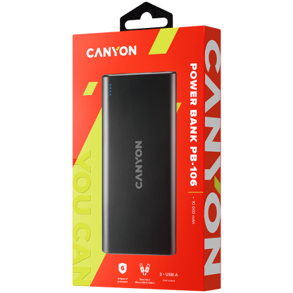 CANYON PB-106, Power bank 10000mAh Li-poli baterie, Intrare 5V/2A, Ieșire 5V/2.1A(Max), lungime cablu USB 0.3m, 140*68*16mm, 0.24Kg, Negru