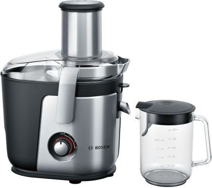 Сокоизстисквачка Bosch MES4010, Centrifugal juicer 1200 W, 3 speeds, 3 lt pulp container, 1.5 ltr juice container & foam separator, XXL feeding tube (84 mm), ceramic knife, electropolished stainless steel sieve, die-cast aluminum body and clamps, juice ou