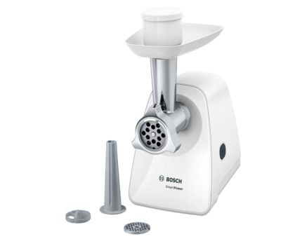 Месомелачка Bosch MFW2510W, Meat mincer, SmartPower Meat mincer from SmartPower range: 1500W, 1,7 kg/min, 2 sieves, 1 sausage horn, no reverse, white