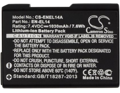 Camera Battery for NIKON EN-EL14, 7.4V, 1030mAh, Li-Ion,, Cameron Sino