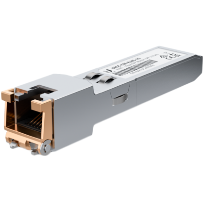 Modul transceiver Ubiquiti UACC-CM-RJ45-1G SFP la RJ45 care oferă o viteză de 1 Gbps printr-o conexiune Ethernet convertită.