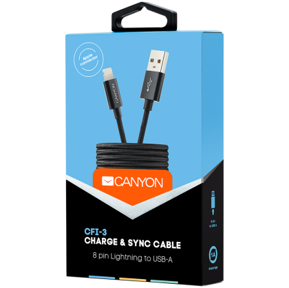 CANYON CFI-3, Cablu USB Lightning pentru Apple, împletit, carcasă metalică, lungime cablu 1m, Negru, 14,9*6,8*1000mm, 0,02kg