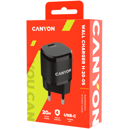 CANYON H-20-05, PD 20W Input: 100V-240V, Output: 1 port charge: USB-C:PD 20W (5V3A/9V2.22A/12V1.66A), Eu plug, Over-Voltage, over-heated, over-current and short circuit protection Compliant with CE RoHs, ERP. Size: 68.5*29.2*29.4mm, 32.5g, Black