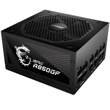 MSI MPG A850GF, 850W, 80 Plus Gold(Up to 90% Efficiency), ATX Form Factor, 100~240 Vac Input Voltage, 47Hz ~ 63Hz Input Frequency, 140 mm Fan, 150 x 160 x 86mm, Active PFC, OCP / OVP / OPP / OTP / SCP / UVP Protections, 10Y