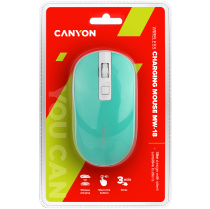 CANYON MW-18, 2.4GHz Wireless Rechargeable Mouse with Pixart sensor, 4keys, Silent switch for right/left keys, Add NTC DPI: 800/1200/1600, Max. usage 50 hours for one time fully charged, 300mAh Li-poly battery,, Aquamarine, cable length 0.56m, 116.4*63.3*