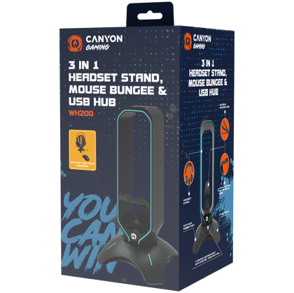 CANYON WH-200, Gaming 3 in 1 Headset stand, Bungee and USB 2.0 hub, 2 USB hub, 1.5m standard USB to USB 5mm PVC cable, Weighted design with non-slip grip, Touch switch to control LED light, Black, size :126*126*251mm, 383g