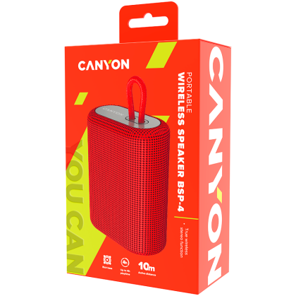 CANYON BSP-4, difuzor Bluetooth, BT V5.0, BLUETRUM AB5365A, suport card TF, port USB tip C, baterie polimer de 1200 mAh, roșu, lungime cablu 0,42 m, 114*93*51 mm, 0,29 kg