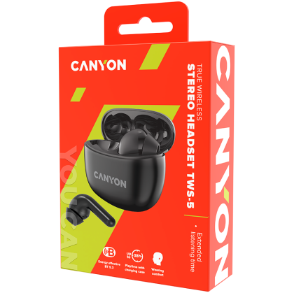 CANYON TWS-5, Bluetooth headset, with microphone, BT V5.3 JL 6983D4, Frequency Response:20Hz-20kHz, battery EarBud 40mAh*2+Charging Case 500mAh, type-C cable length 0.24m, size: 58.5*52.91*25.5 mm, 0.036kg, Black