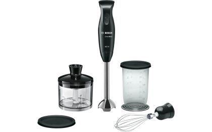 Blender Bosch MSM2650B, Blender, CleverMixx, 600 W, QuattroBlade, Chopper and blender included, Stainless steel whisk, mixing/measuring cup with lid, Black, anthracite