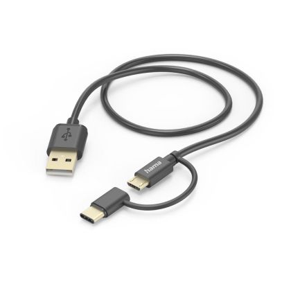 Cablu 2 în 1 HAMA, USB-A - Micro USB, cu adaptor pentru USB-C, 1 m, Gri