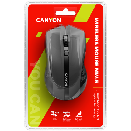 CANYON MW-5, Mouse optic fără fir de 2,4 GHz cu 4 butoane, DPI 800/1200/1600, Negru, 122*69*40mm, 0,067kg