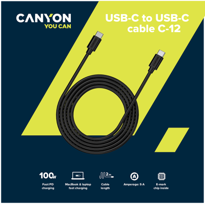 CANYON UC-12, cablu 100W, 20V/ 5A, tip C la tip C, 2M cu Emark, cablu de alimentare: 20AWG*4C, fire de semnal: 28AWG*4C,OD4.5mm, PVC, negru