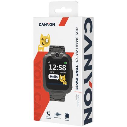 CANYON Tony KW-31, Ceas inteligent pentru copii, ecran colorat de 1,54 inch, Cameră 0,3MP, cartelă SIM Mirco, 32+32MB, GSM(850/900/1800/1900MHz), 7 jocuri în interior, baterie de 380mAh, compatibilitate cu iOS și Android, Negru, gazdă: 54*42,6*13,6mm, cur