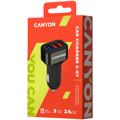 CANYON C-07, Universal 3xUSB car adapter(1 USB with Quick Charger QC3.0),Input 12-24V,Output USB/5V-2.1A+QC3.0/5V-2.4A&9V-2A&12V-1.5A,with Smart IC ,black rubber coating+black metal ring+QC3.0 port with blue/other ports in orange,66*35.2*25.1mm,0.025