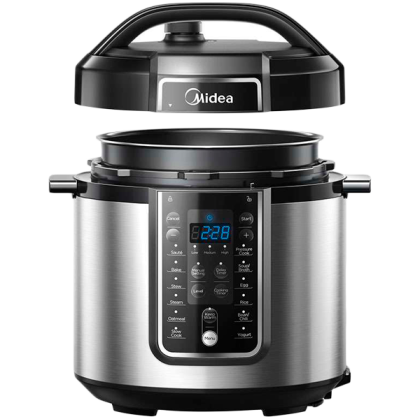 Pressure Cooker, 5.7L, 1000W power, aluminum inner pot, large control box and LED display, stainless steel housing, pressure indicator, multi-function, 8 preset menu, 24 hours preset timer, max. working pressure 60KPa, (rice spoon, soup spoon)