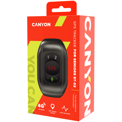 CANYON ST-02, Senior Tracker, UNISOC 8910DM, GPS function, SOS button, IP67 waterproof, single SIM, 32+32MB, GSM(850/900/1800/1900MHz), 4G Brand(1/2/3/5/7 /8/20), 1000mAh, compatibility with iOS and android, Black, host: 65*42*20mm, strap: 20wide*240mm, 7