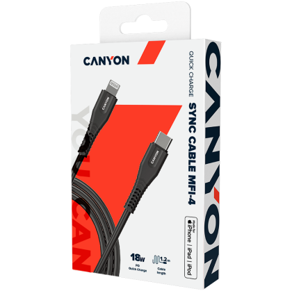 CANYON MFI-4, Cablu tip C la MFI Lightning pentru Apple, PVC Mouling, Funcție: cu caracteristică completă (transmitere de date și încărcare PD) Ieșire: 5 V/2,4 A, OD: 3,5 mm, lungime cablu 1,2 m, 0,026 kg, Culoare :Negru