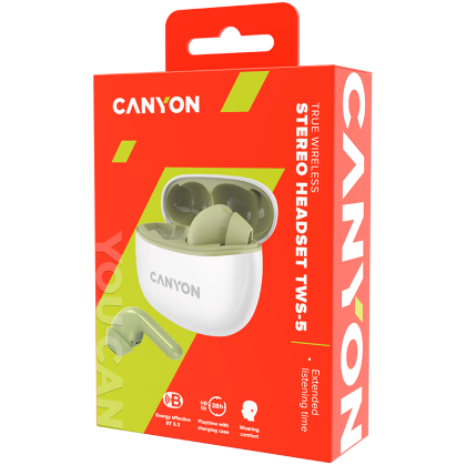 CANYON TWS-5, Căști Bluetooth, cu microfon, BT V5.3 JL 6983D4, Răspuns în frecvență: 20Hz-20kHz, baterie EarBud 40mAh*2+Carcasă de încărcare 500mAh, lungime cablu tip C 0.24m, Dimensiune: 58.5*52.91*25.91* mm, 0,036 kg, verde