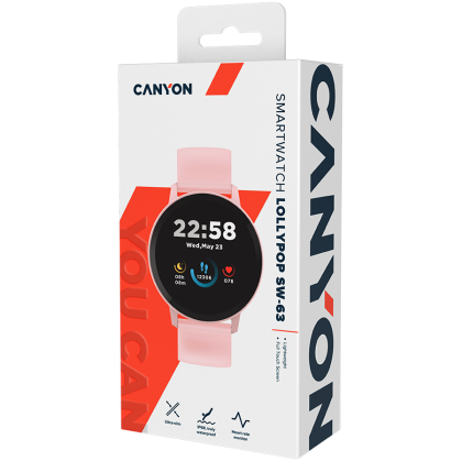 CANYON Lollypop SW-63, ceas inteligent, ecran tactil complet IPS de 1,3 inchi, ceas rotund, impermeabil IP68, mod multi-sport, BT5.0, compatibilitate cu iOS și Android, roz, gazdă: 25,2*42,5*10,7 mm, curea: 20*250mm, 45g