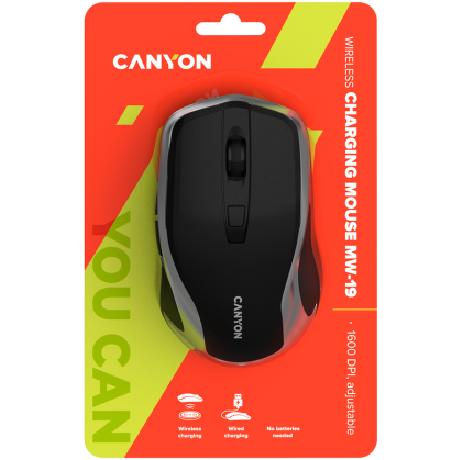 CANYON MW-19, 2.4GHz Wireless Rechargeable Mouse with Pixart sensor, 6keys, Silent switch for right/left keys, Add NTCDPI: 800/1200/1600, Max. usage 50 hours for one time fully charged, 300mAh Li-poly battery, Black - Silver, cable length 0.6m, 121*70*39m