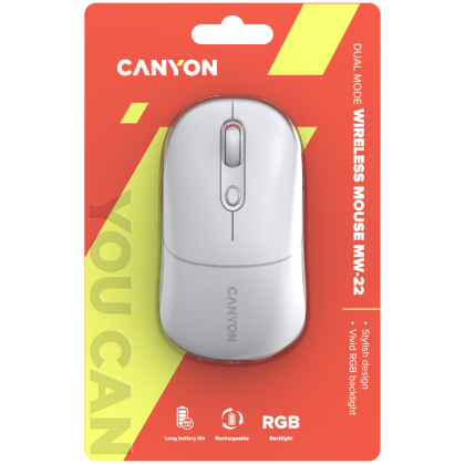 CANYON MW-22, 2 in 1 Wireless optical mouse with 4 buttons, Silent switch for right/left keys, DPI 800/1200/1600, 2 mode(BT/ 2.4GHz), 650mAh Li-poly battery, RGB backlight, Snow white , cable length 0.8m, 110*62*34.2mm, 0.085kg