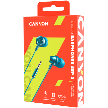 CANYON Stereo earphones with microphone, metallic shell, 1.2M, blue-green