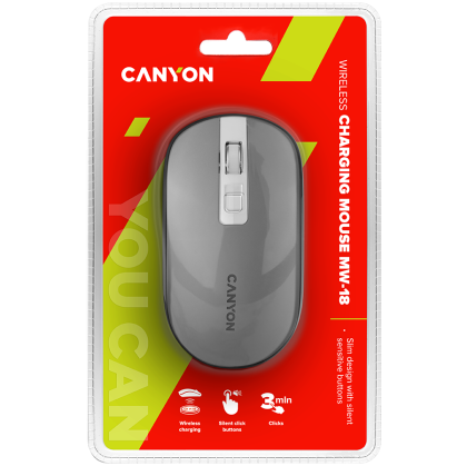 CANYON MW-18, 2.4GHz Wireless Rechargeable Mouse with Pixart sensor, 4keys, Silent switch for right/left keys, Add NTC DPI: 800/1200/1600, Max. usage 50 hours for one time fully charged, 300mAh Li-poly battery, Dark grey, cable length 0.6m, 116.4*63.3*32.