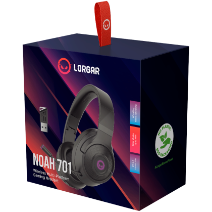 LORGAR Noah 701, gaming headset with microphone, 2.4GHz USB dongle + BT 5.1 Realtek 8763, battery 1000mAh, type-C charging cable 0.8m, audio cable 1.5m, size: 195*185*80mm, 0.28kg. Black