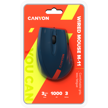 CANYON M-11, Mouse optic cu fir cu 3 taste, DPI 1000 Cu cablu USB de 1,5M, Albastru-Roșu, dimensiune 68*110*38mm, greutate: 0,072kg