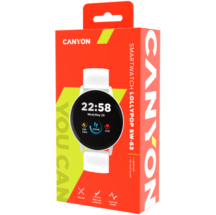 CANYON Lollypop SW-63, Smart watch, 1.3inches IPS full touch screen, Round watch, IP68 waterproof, multi-sport mode, BT5.0, compatibility with iOS and android, Silver white, Host: 25.2*42.5*10.7mm, Strap : 20*250mm, 45g